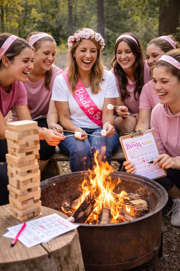 Möhippa utan alkohol med gemensamma aktiviteter – kvinnor i rosa tröjor och “bride to be” firar med marshmallows, bingo och sällskapsspel vid lägereld i naturen.
